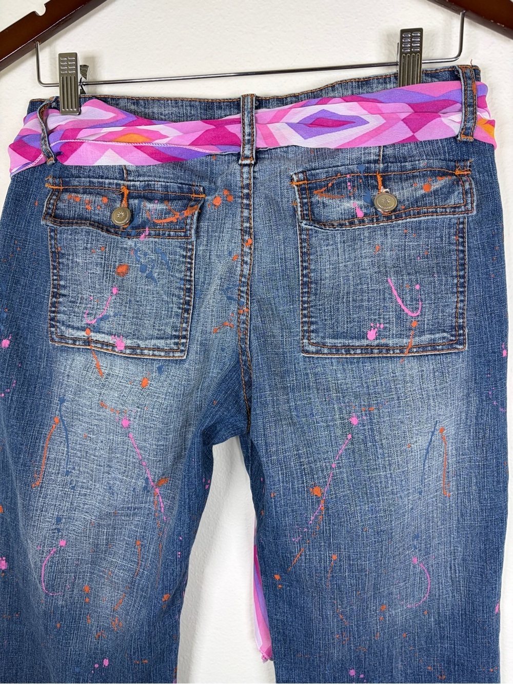 Crest Jeans Y2K Paint Splatter Flare Jeans Scarf Belt Size 11/12 - Picture 8 of 11